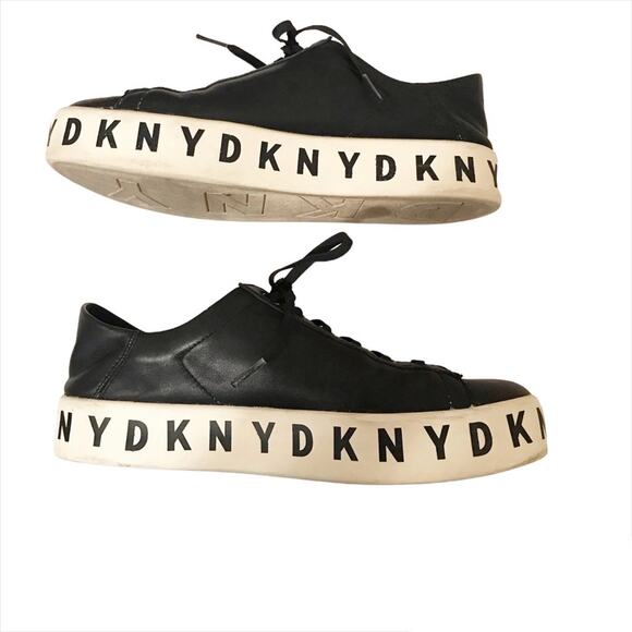 DKNY Banson Black Leather Platform White Logo Letters - Picture 2 of 9